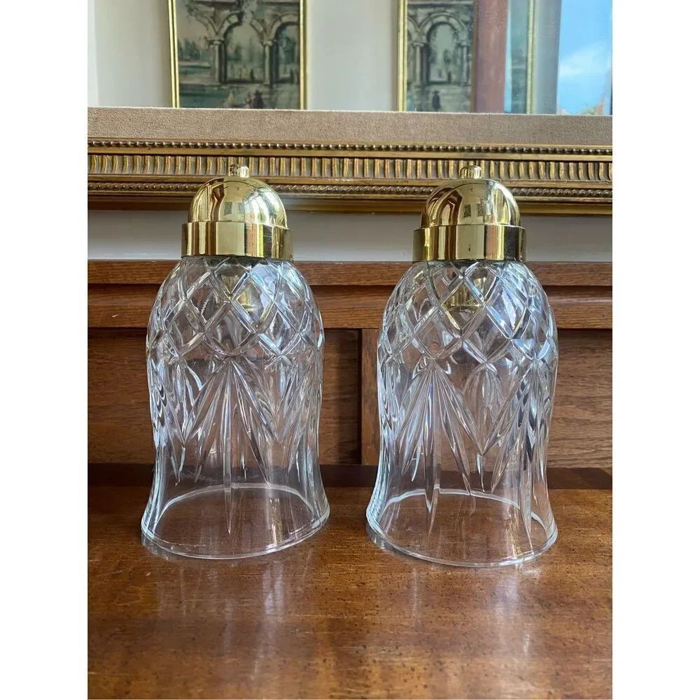 Pair Heavy Brass & Cut Crystal Fixture Candle Holder